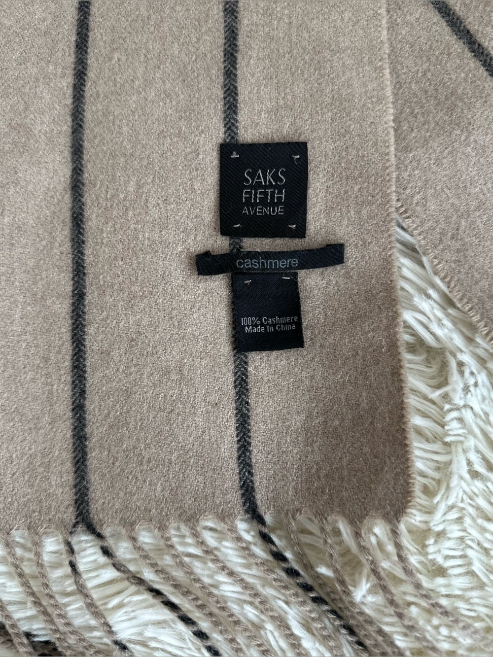 Saks Fifth Avenue Cashmere Tan Vertical Stripe Fringe Scarf - 13” W x 60" L